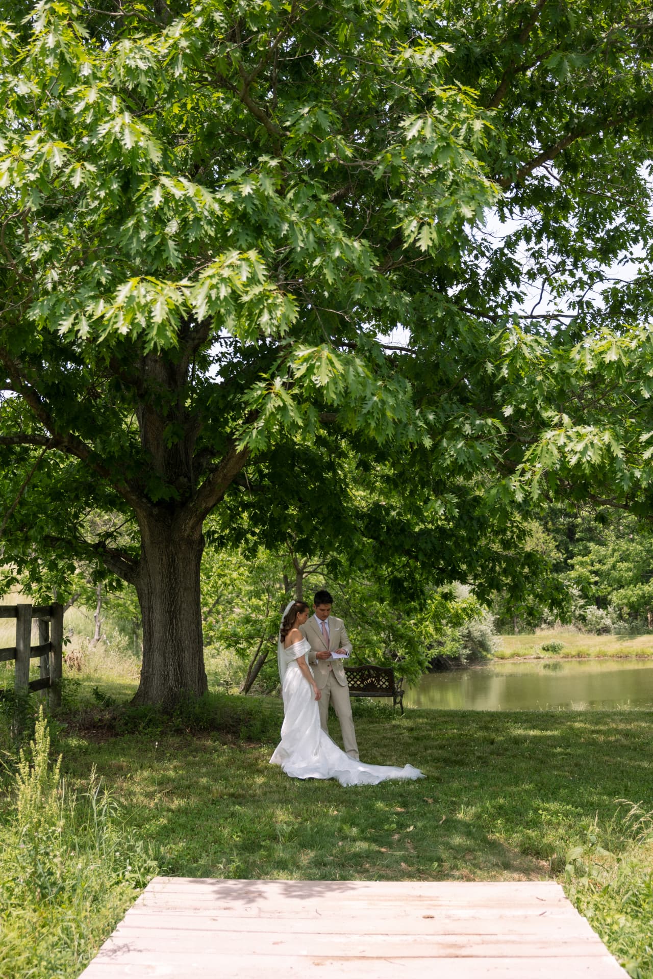 Bride and groom sharing a quiet moment beneath a large oak tree